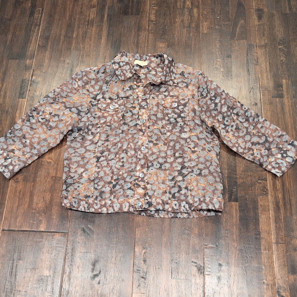 Vintage Sheer Leopard Print Boxy Crop Button Up Shirt‎ Jacket Womens M Brown Y2K